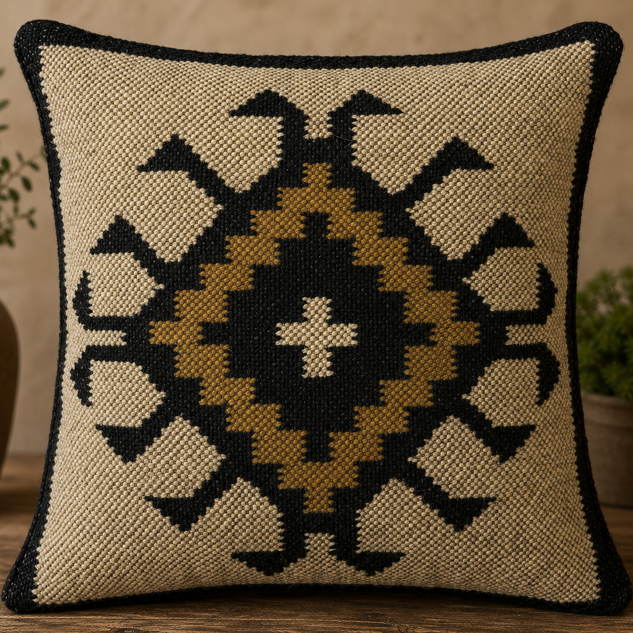 Rust & Olive Kilim Cushion Cover | Bold X-Motif Tribal Woven Pillow | Boho Rustic Décor